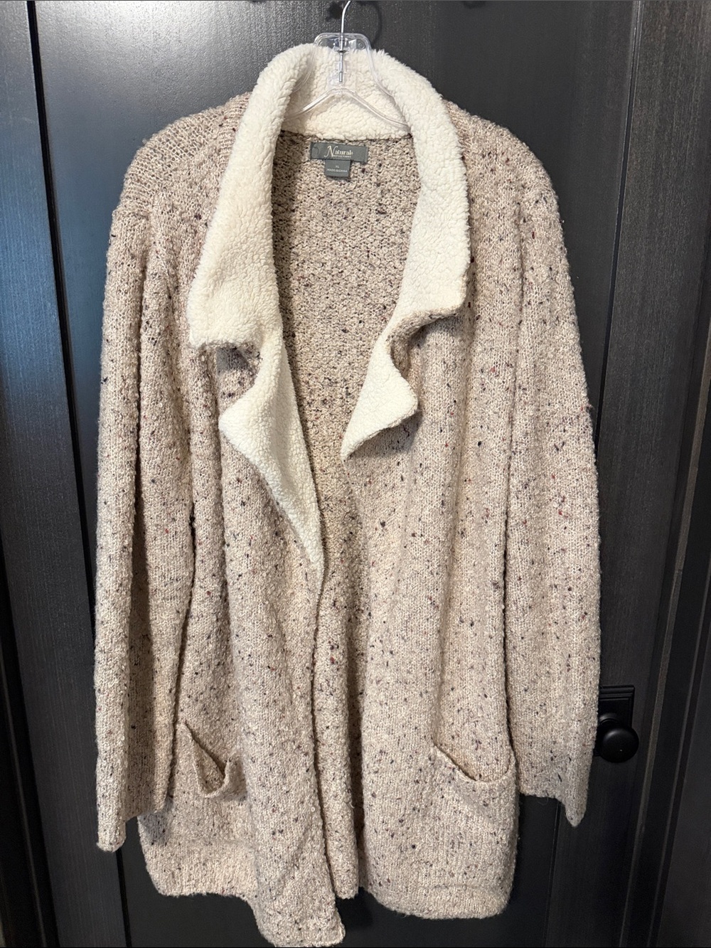 Cream Speckled Bouclé Open Cardigan with Sherpa Collar- long style